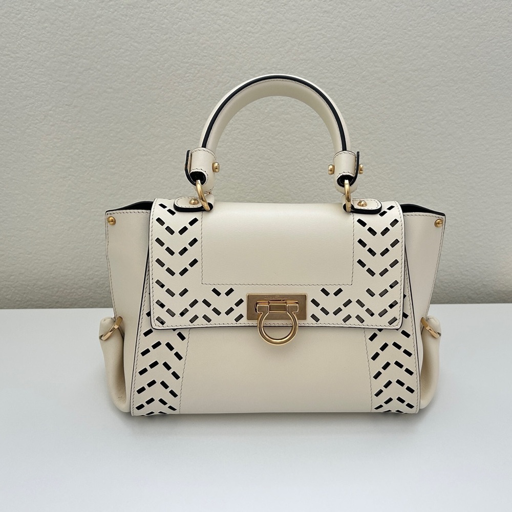 Salvatore Ferragamo Calfskin Perforated Sofia Satchel in Ivory with Dust Bag - Picture 3 of 16